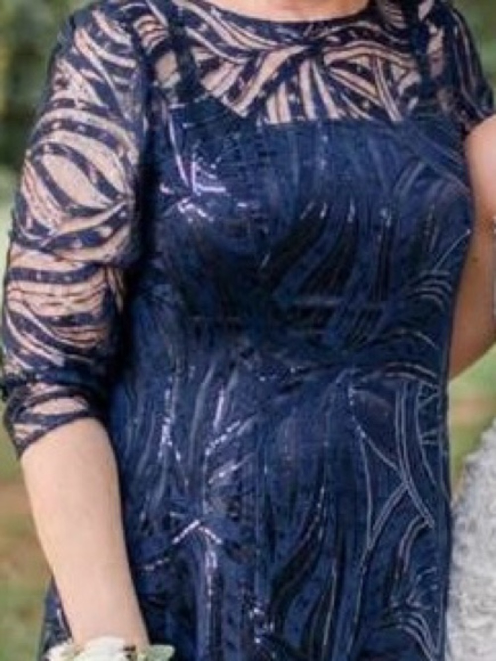 GORGEOUS Tahari ASL Navy Sequin Lace Long-Sleeve V-Back Dress